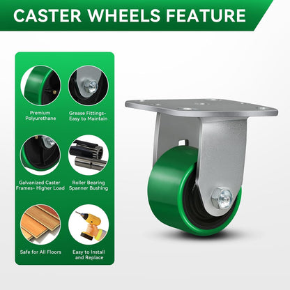 3"x2" Heavy Duty Industrial Casters - 3200 Lb Capacity, 4 Rigid Polyurethane on Steel Wheel, for Platform Trucks, U-Boat Carts, Workbenches, and Industrial Equipment (4 Rigid)